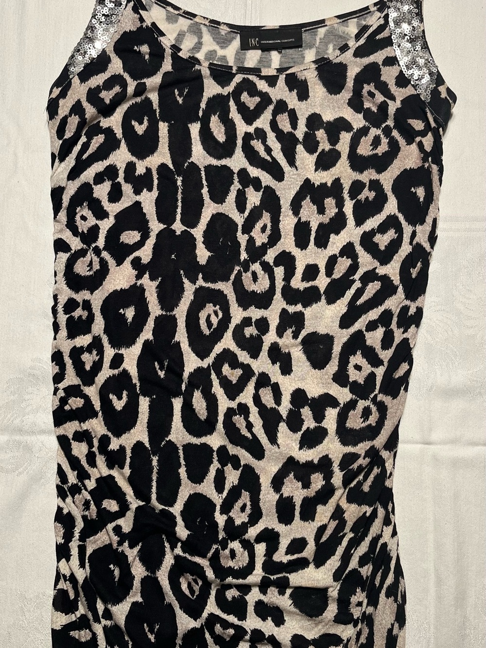 INC International Concepts Black & Beige Leopard Print Tank Top with Sequin Trim